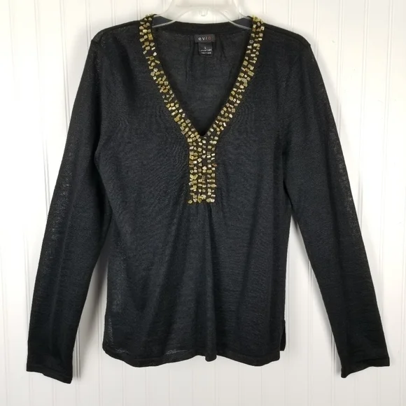 Evie Womens Soft Linen Long Sleeve V Neck Top Size L Black Embellished Neckline - Picture 11 of 11